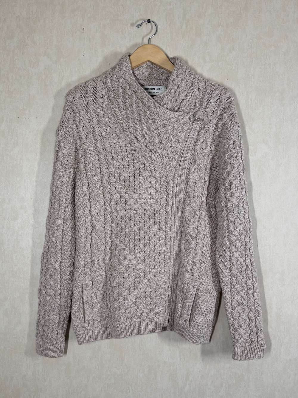 Boston Irish 100% New Merino Wool Asymmetrical Side Zip Cable Knit Sweater L